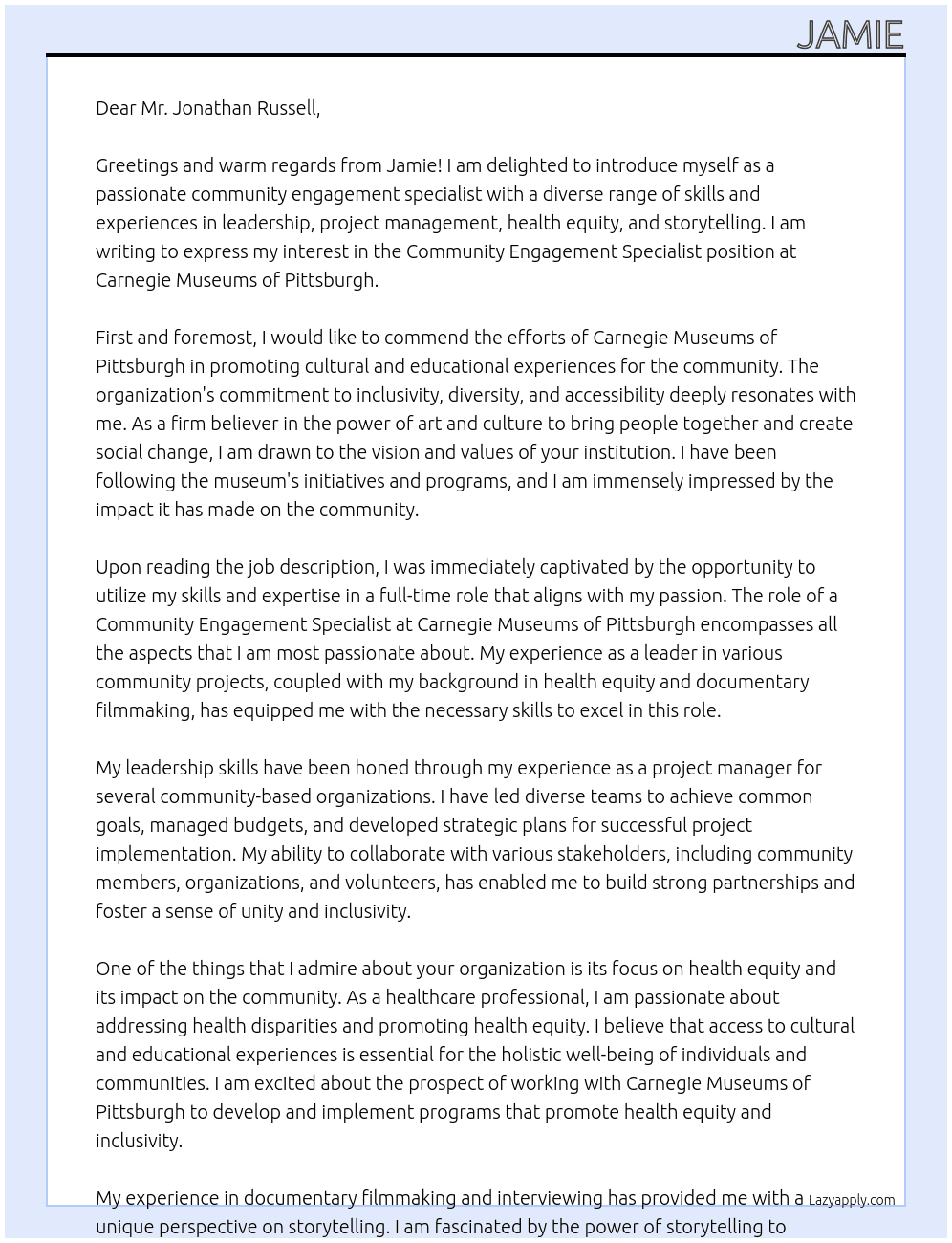 Community Engagement Specialist At Carnegie Museums of Pittsburgh Cover Letter