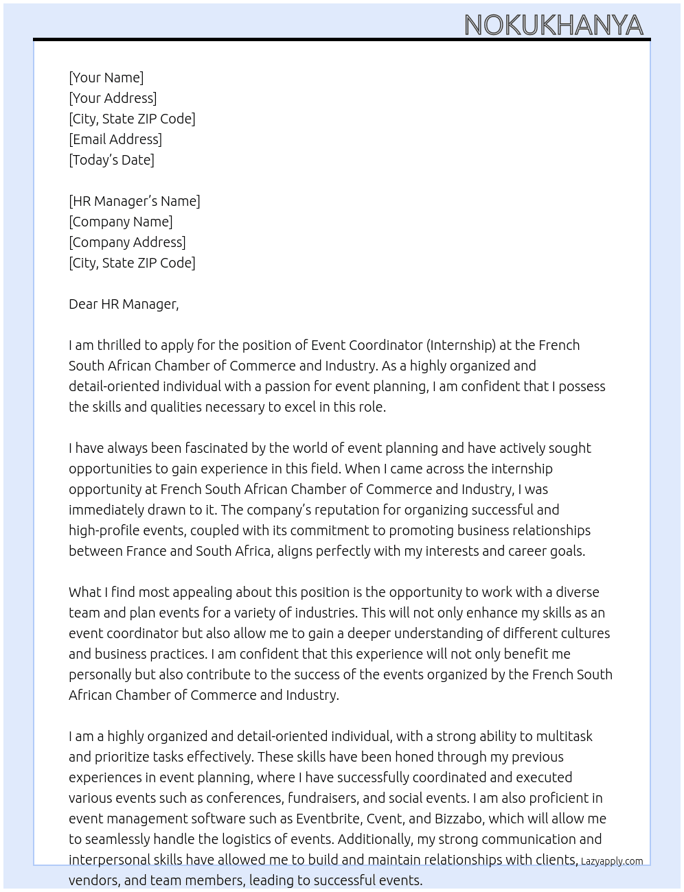 Event Coordinator (Internship) At French South African Chamber of Commerce and Industry Cover Letter