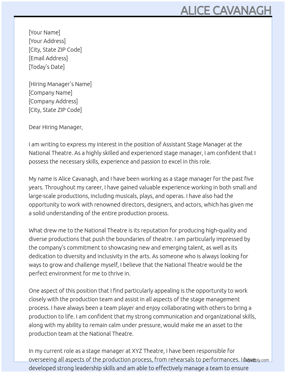 Assistant stage manager  At National Theatre  Cover Letter