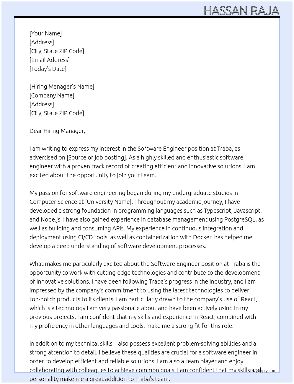Software Engineer At Traba Cover Letter