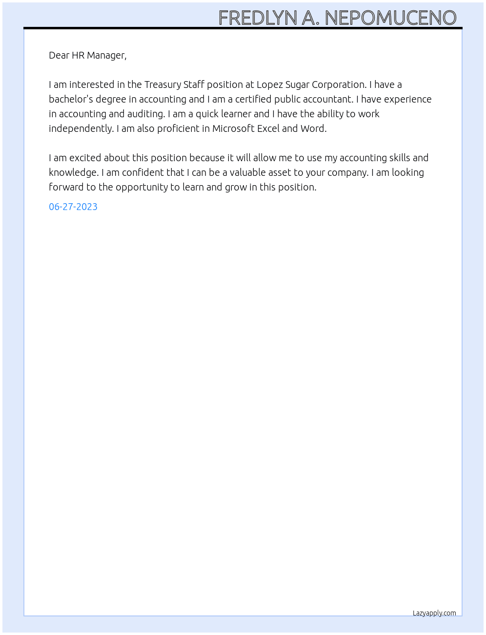 Treasury Staff  At Lopez Sugar Corporation  Cover Letter
