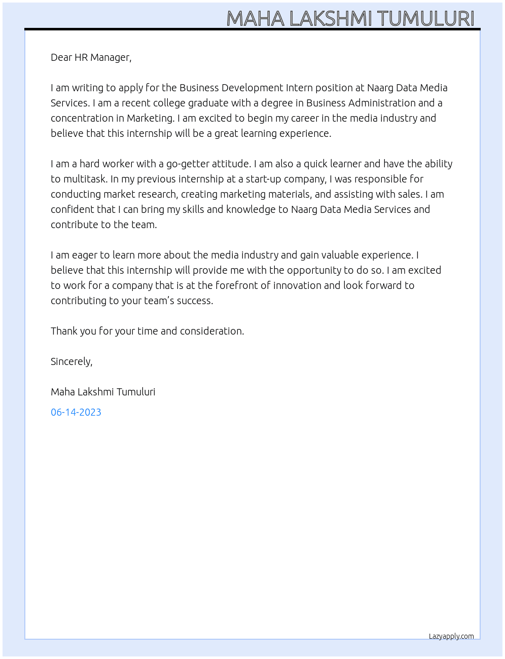 Business development intern At Naarg Data Media Services  Cover Letter