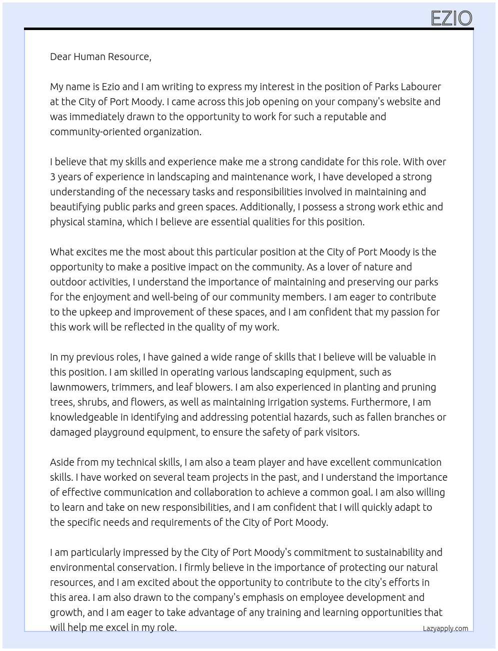 Parks labourer At City of port moody Cover Letter