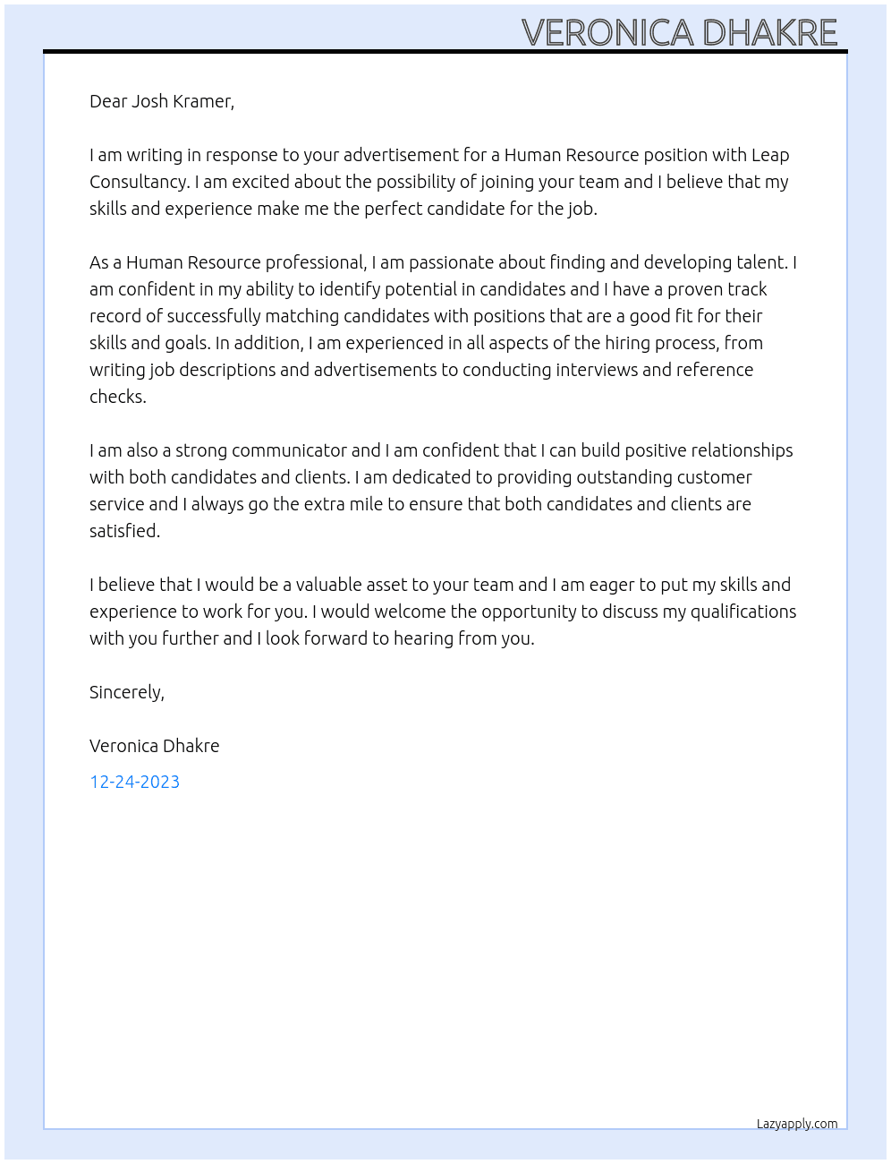 Human Resource At Leap Consultancy  Cover Letter