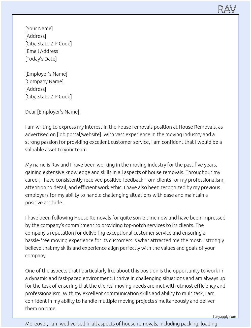 house removals  At House removals  Cover Letter