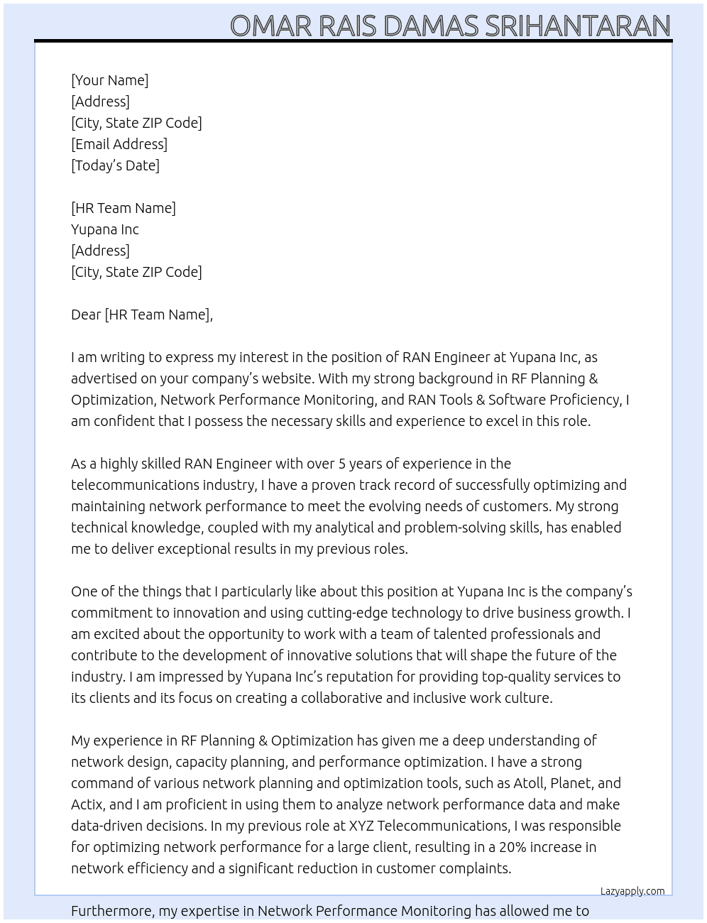 RAN Engineer At Yupana Inc Cover Letter