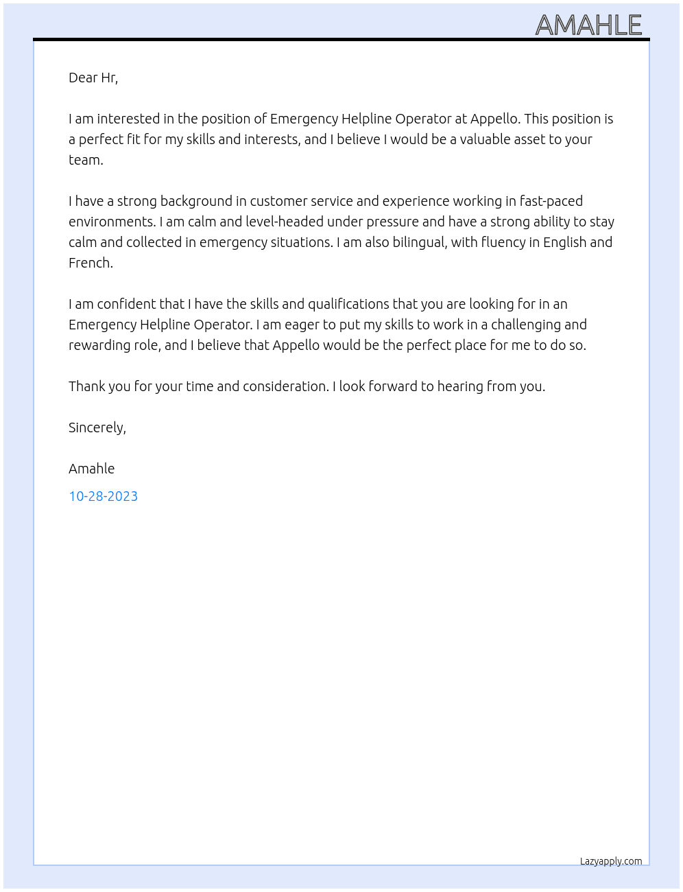 Emergency Helpline Operator At Appello Cover Letter