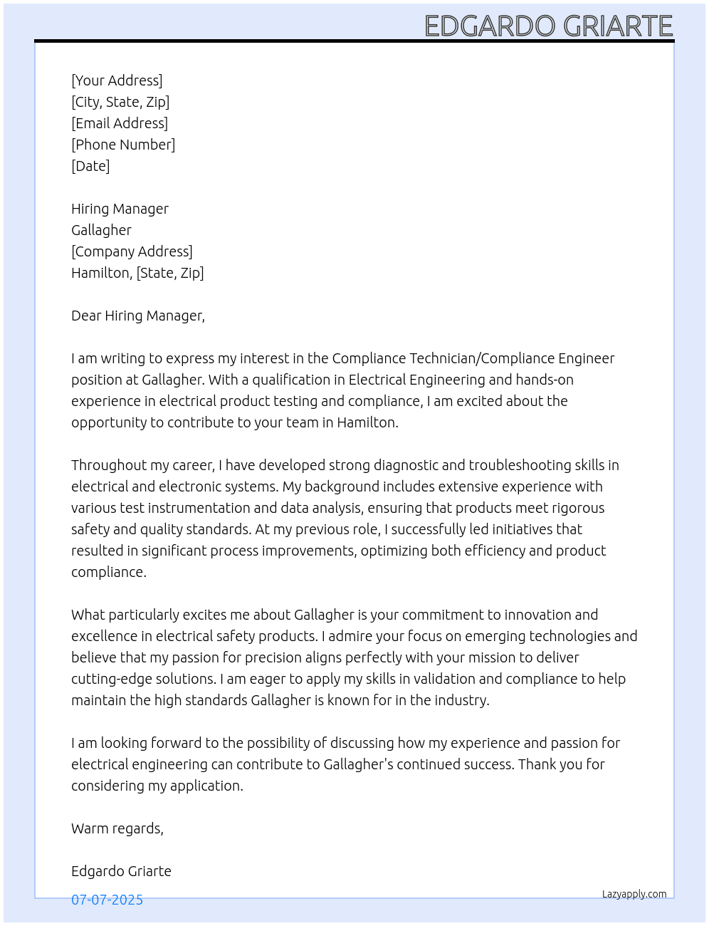 Compliance Technician OR Compliance Engineer – Electrical Product Testing At Gallagher Cover Letter