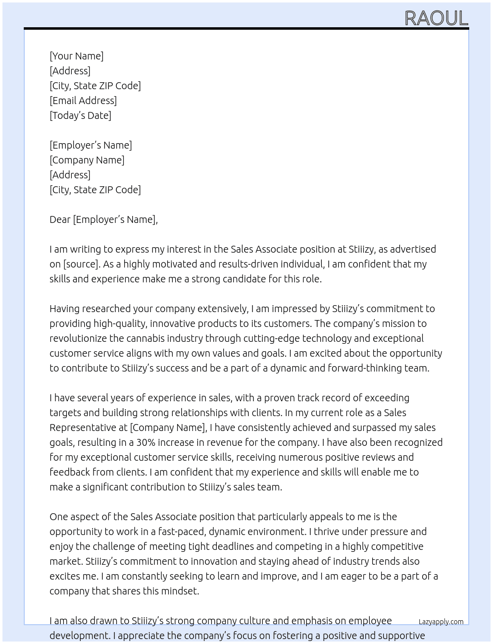 Sales Associate  At Stiiizy Cover Letter