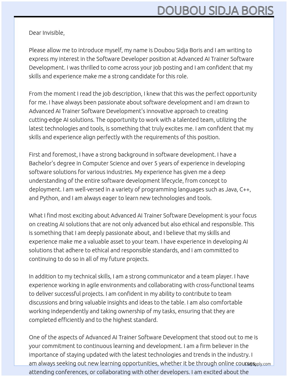 Software developer At Advanced AI Trainer Software Development Cover Letter