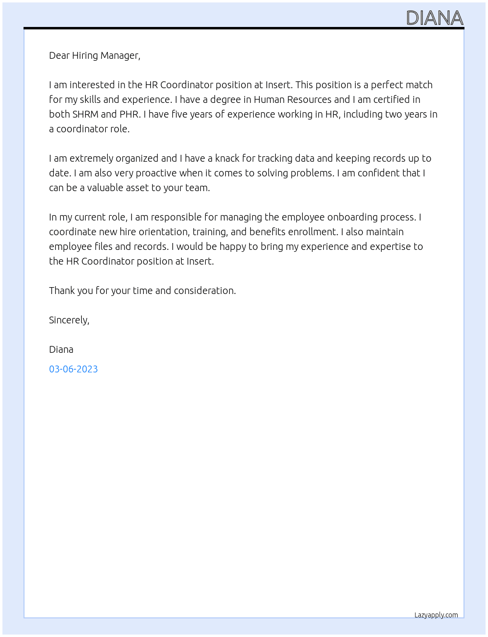 HR Coordinator At Insert Cover Letter