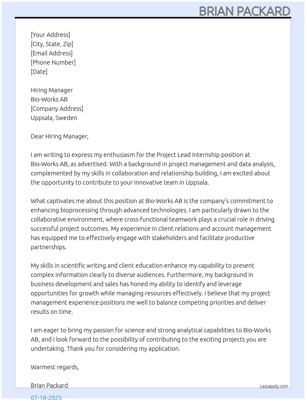 Project Lead At Bio-Works AB Cover Letter