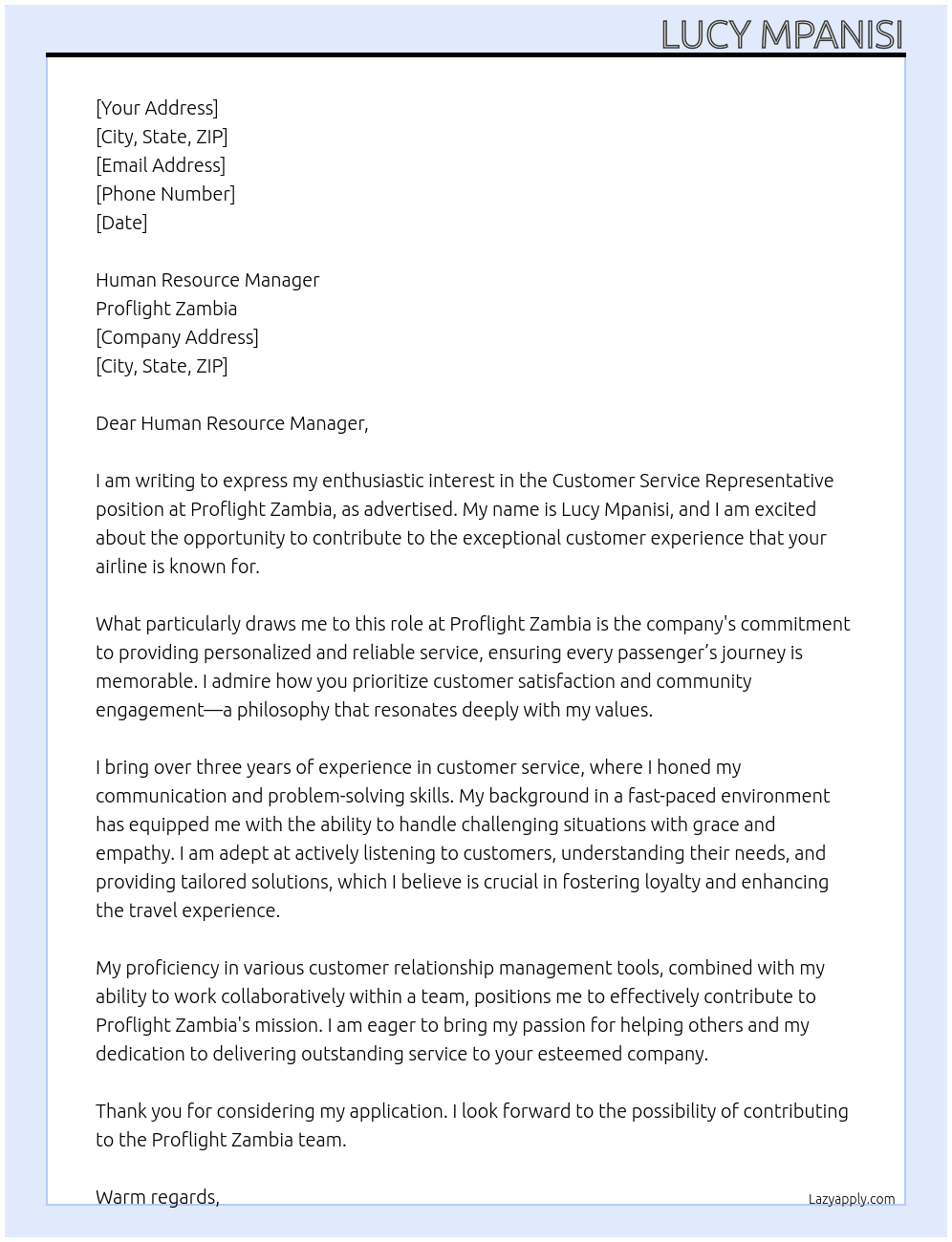Customer service representative  At Proflight Zambia Cover Letter