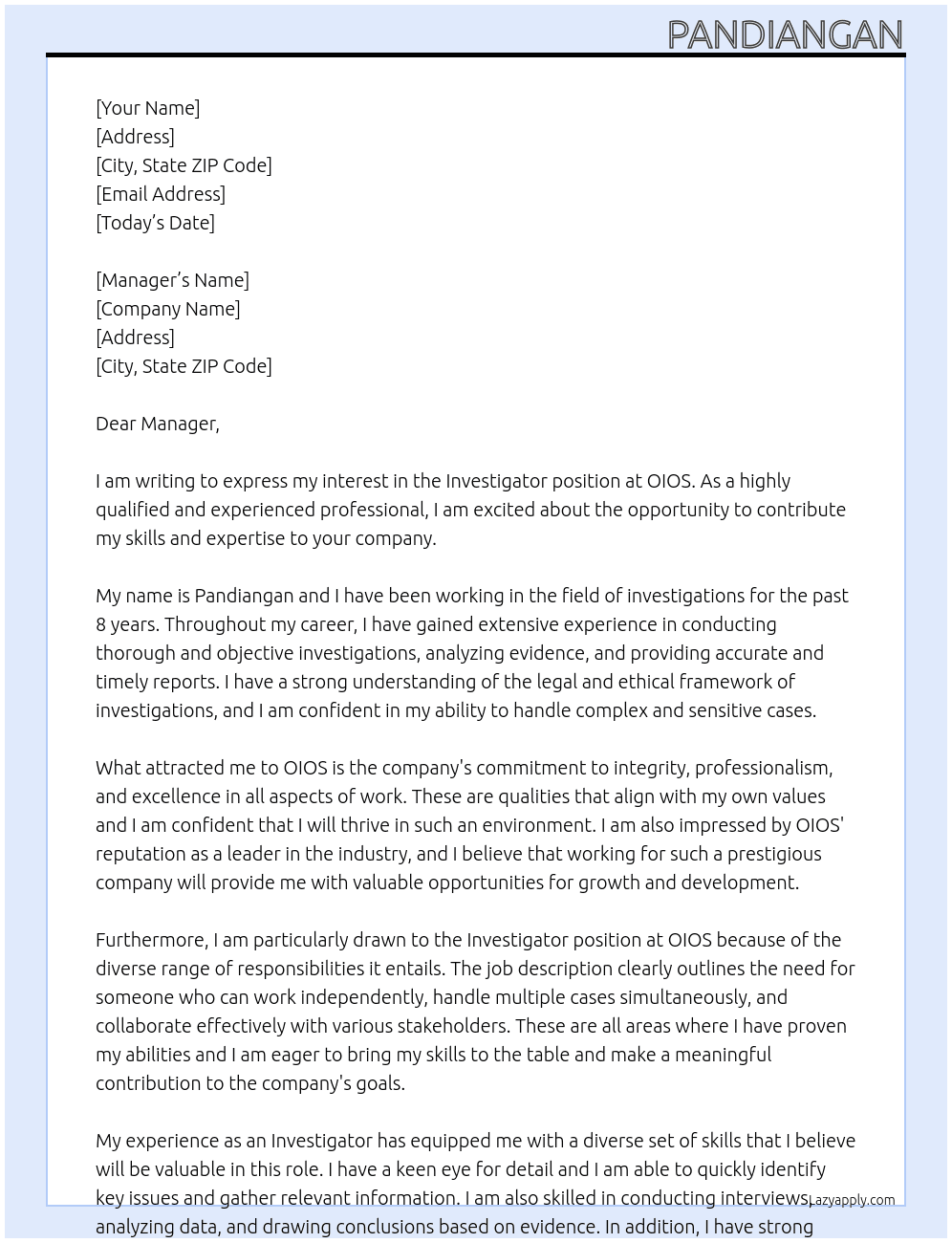 Investigator At OIOS Cover Letter
