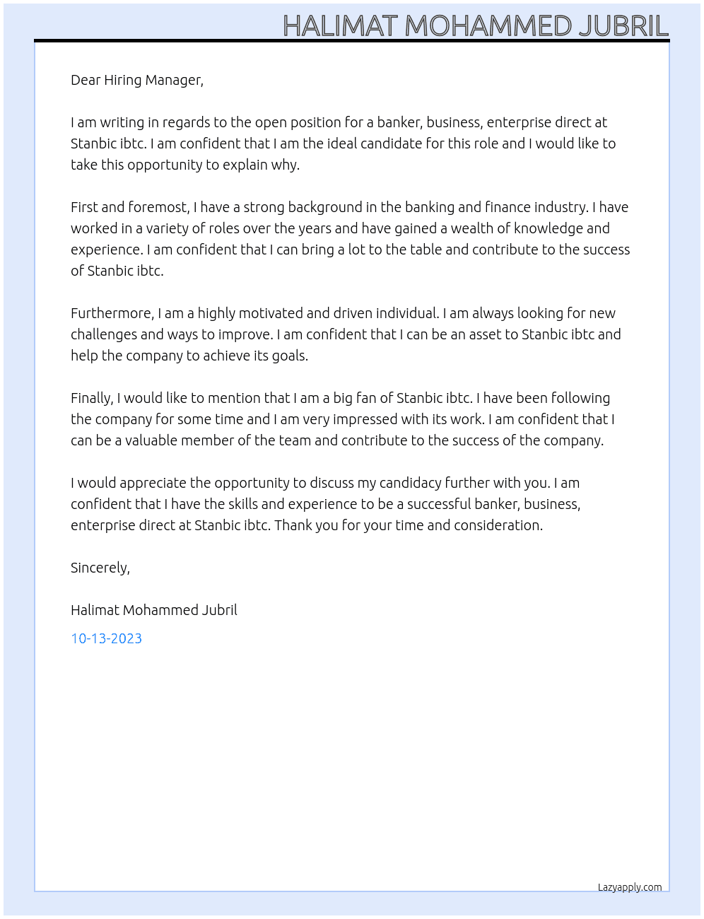 Banker, business, enterprise direct At Stanbic ibtc Cover Letter