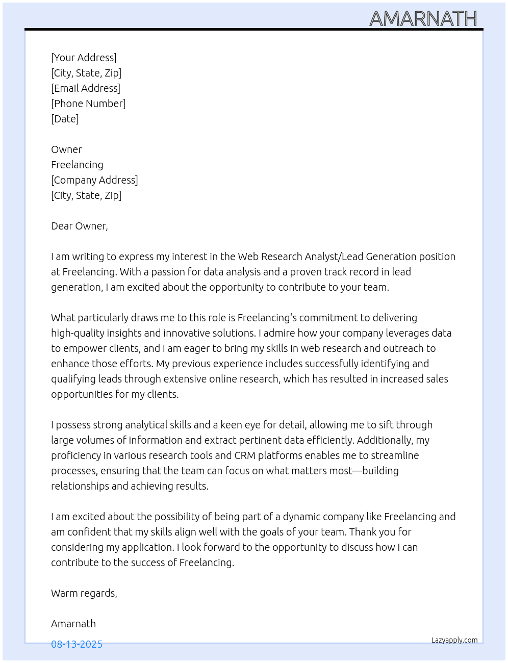 Cover letter for web research analyst/lead generation - LazyApply