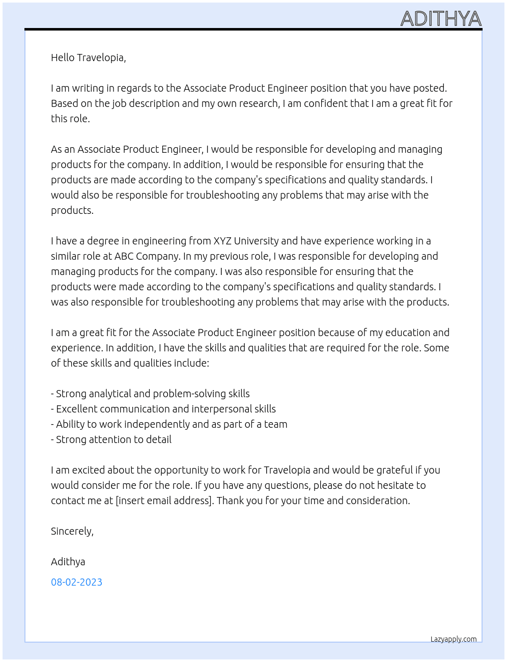 ASSOCIATE PRODUCT ENGINEER At Travelopia Cover Letter
