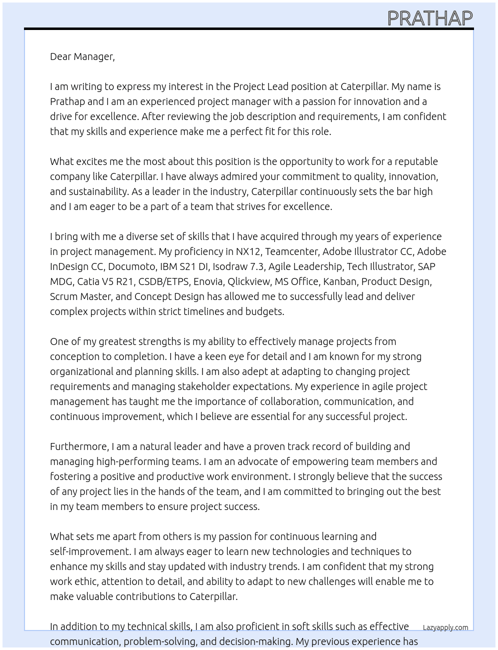 Project lead At Caterpiller Cover Letter