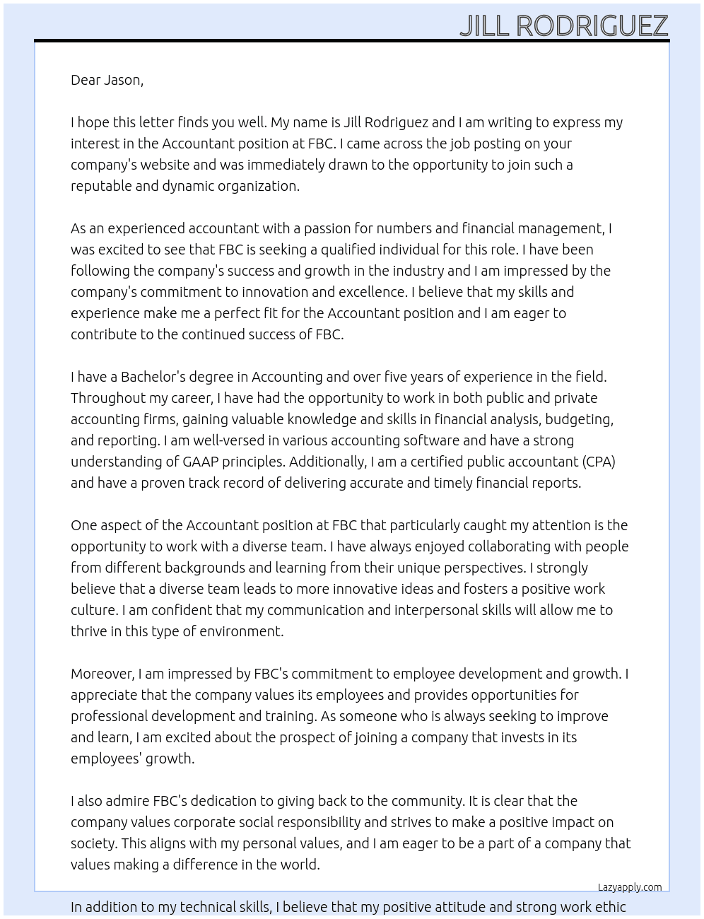 Accountant At FBC Cover Letter