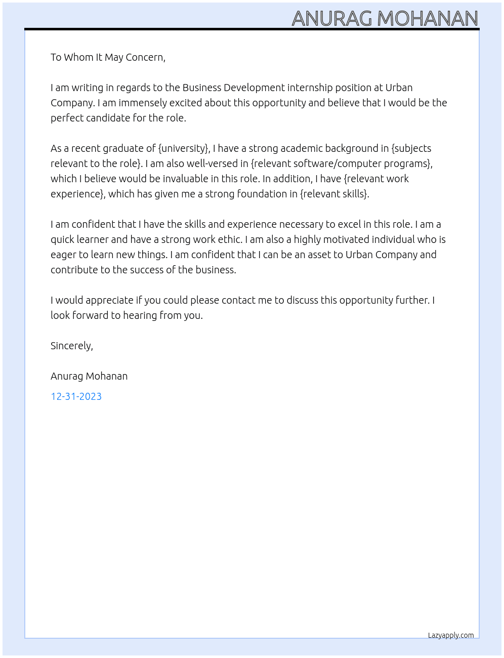 Business Development internship  At Urban Company Cover Letter