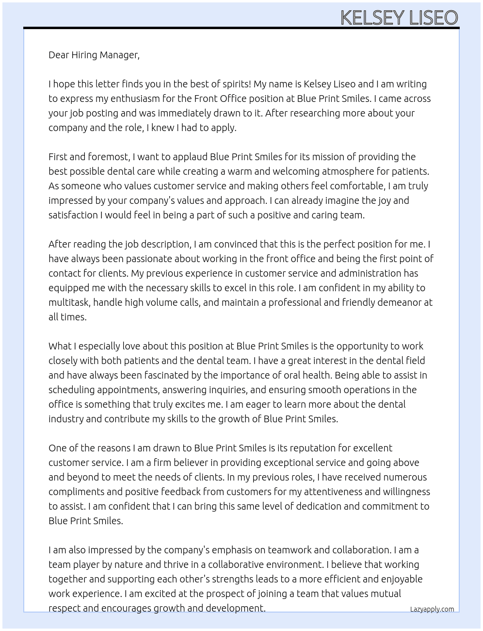 Front office At Blue print smiles Cover Letter