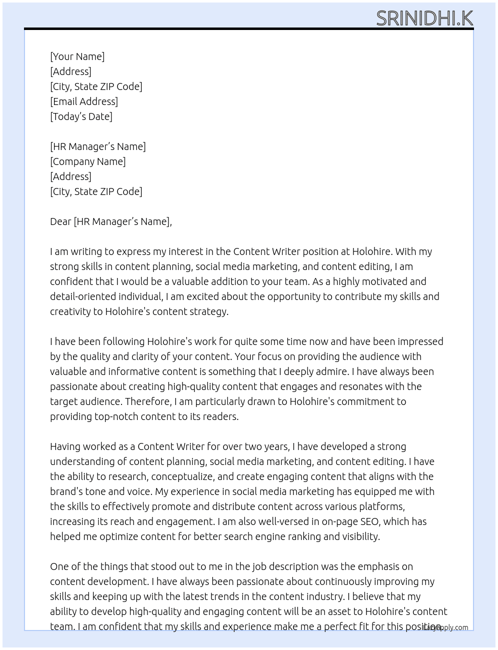Content writer  At Holohire Cover Letter
