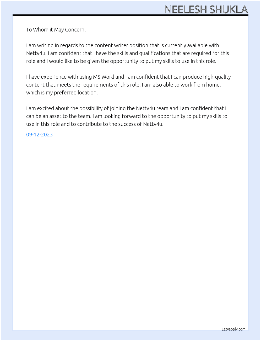 content writer At Nettv4u Cover Letter