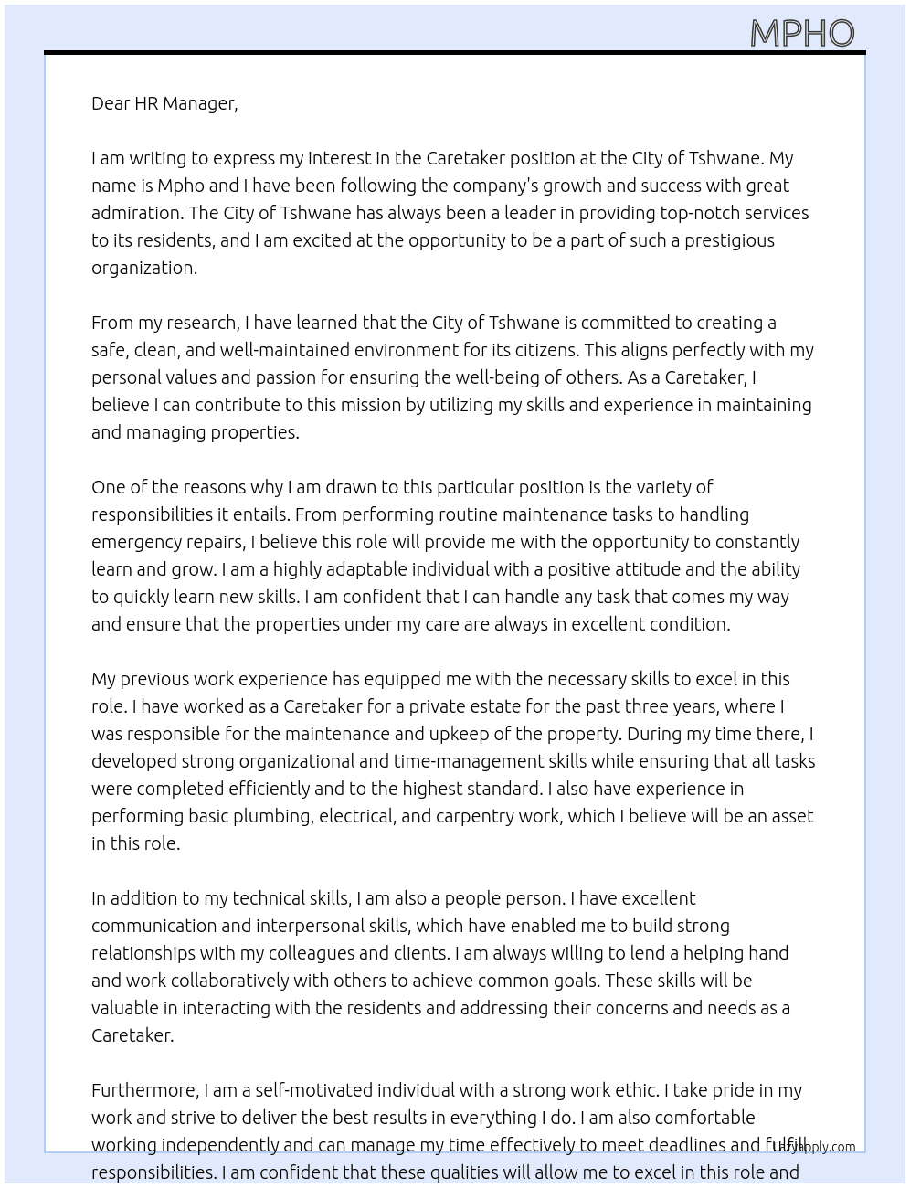 Caretaker At City of Tshwane  Cover Letter