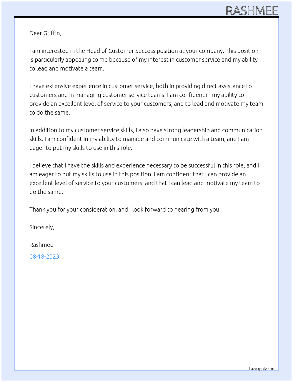 Head of Customer Success At Griffin Cover Letter