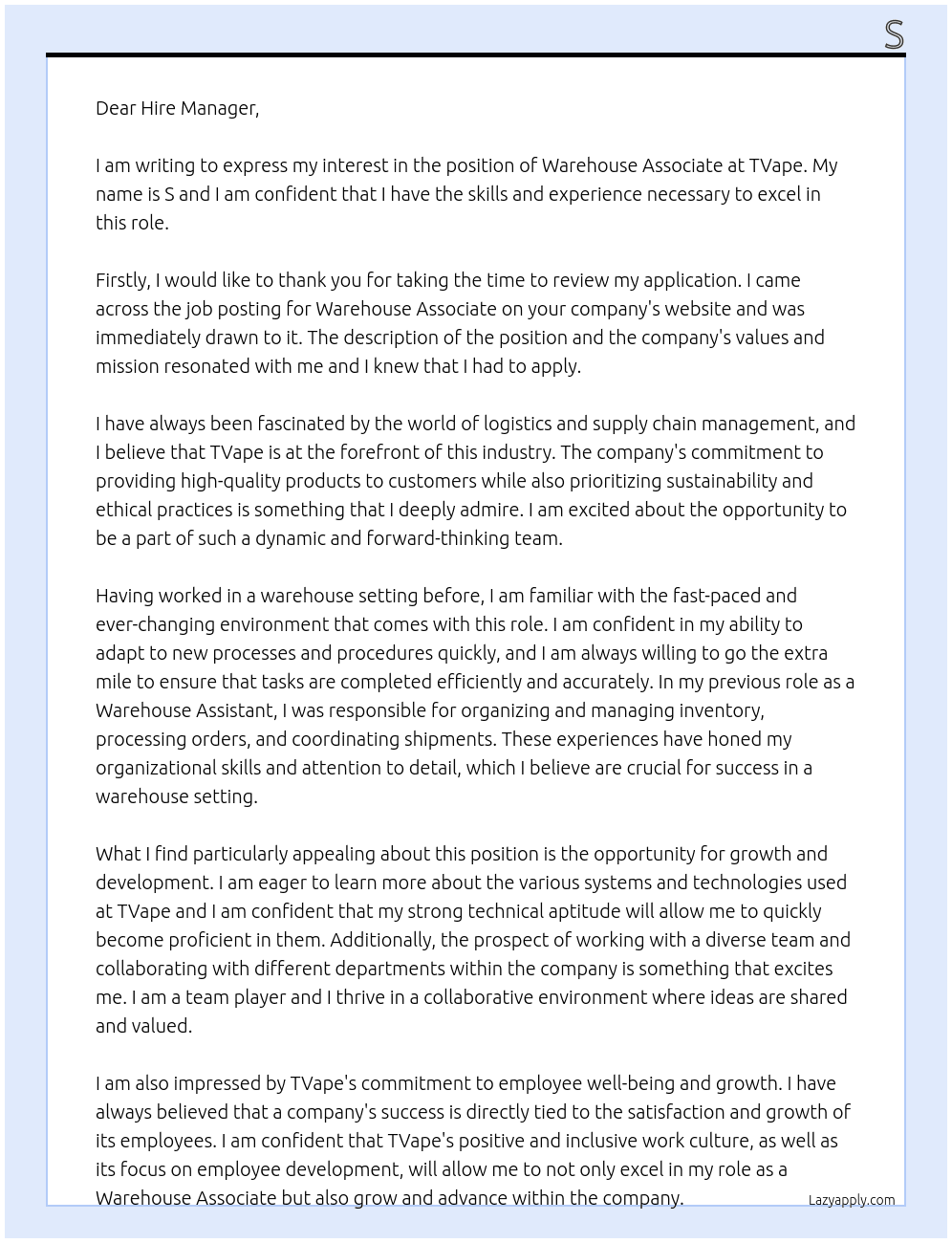 Warehouse Associate At TVape Cover Letter