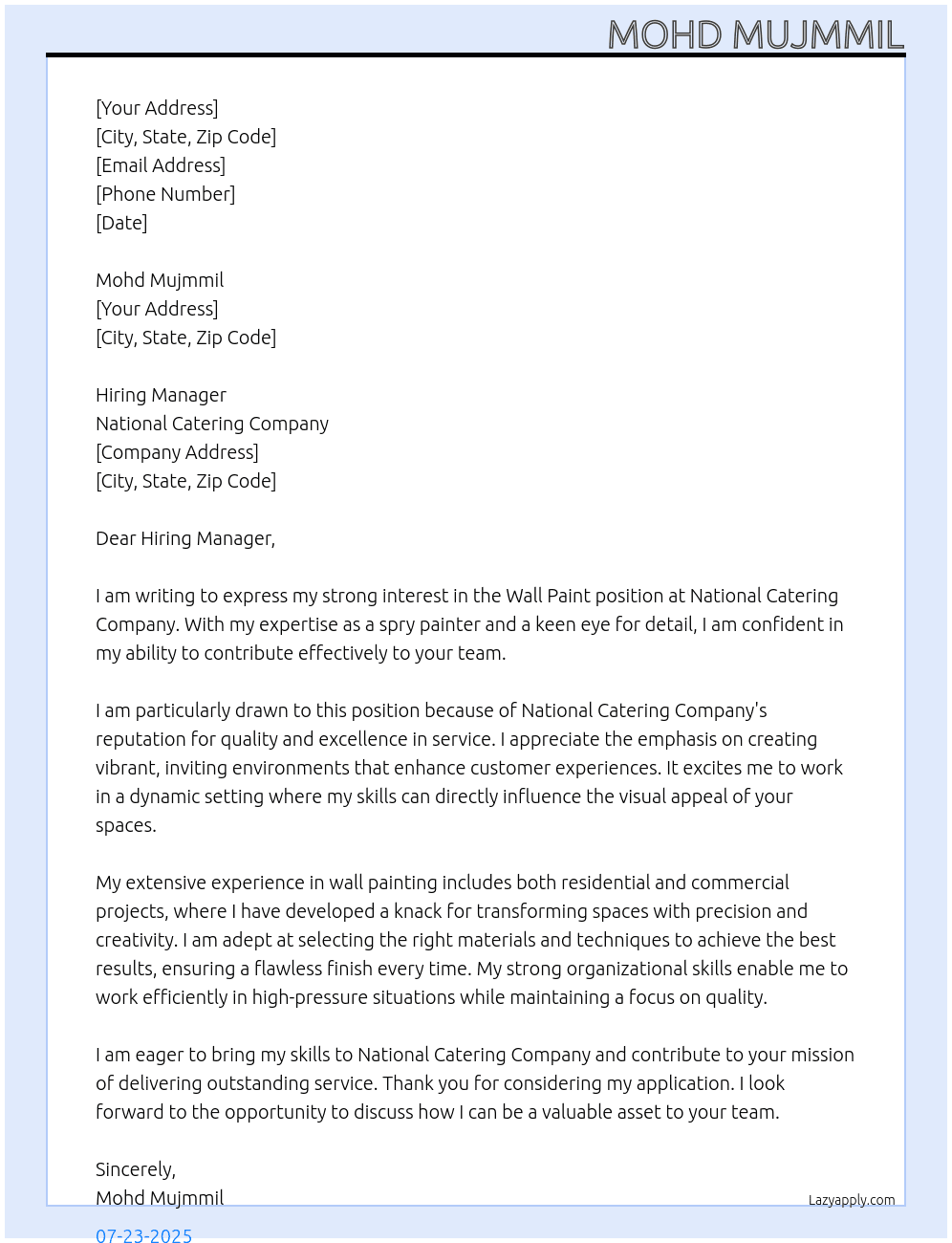 Cover letter for wall paint - LazyApply