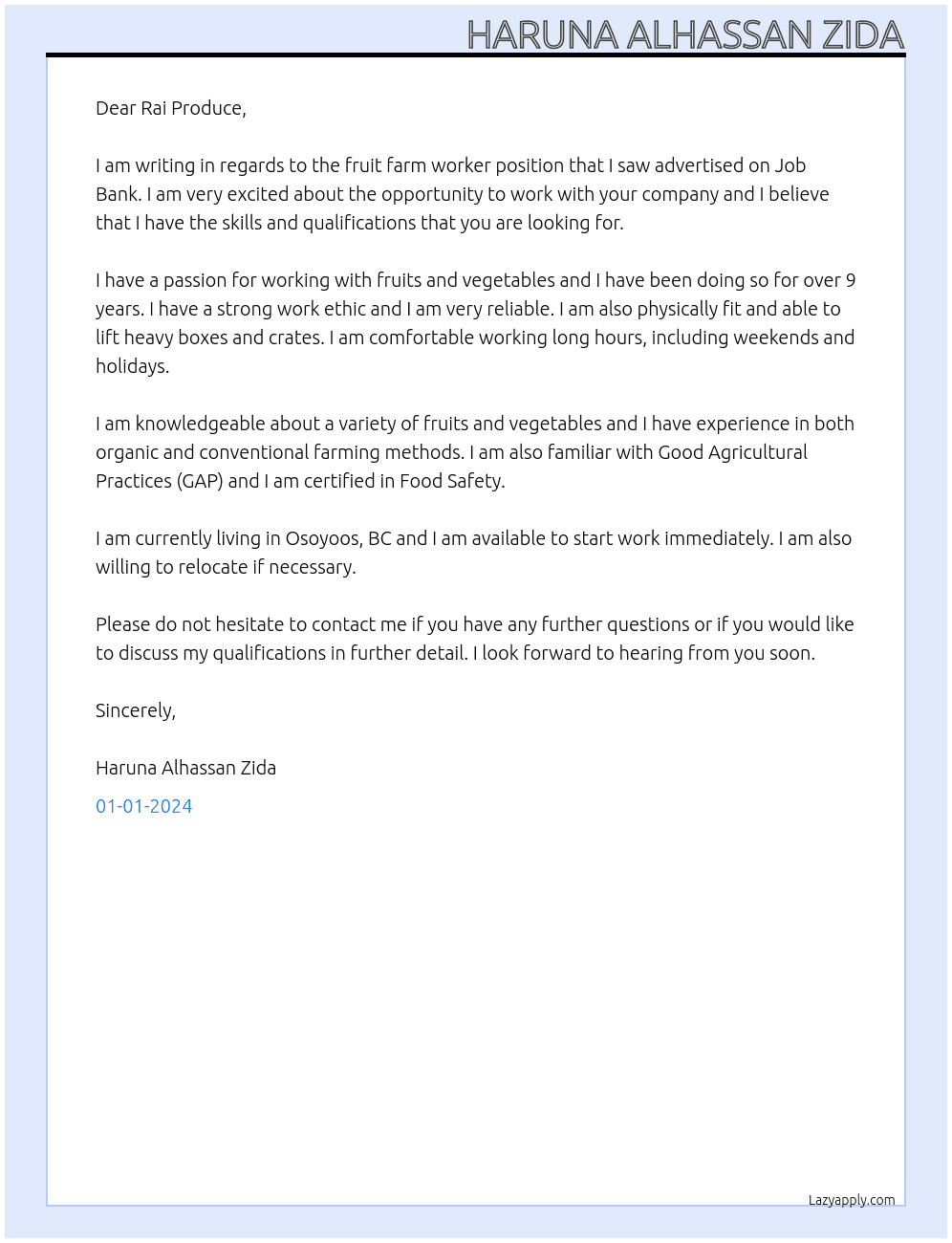 Fruit farm worker At Job Bank #2668136 Cover Letter