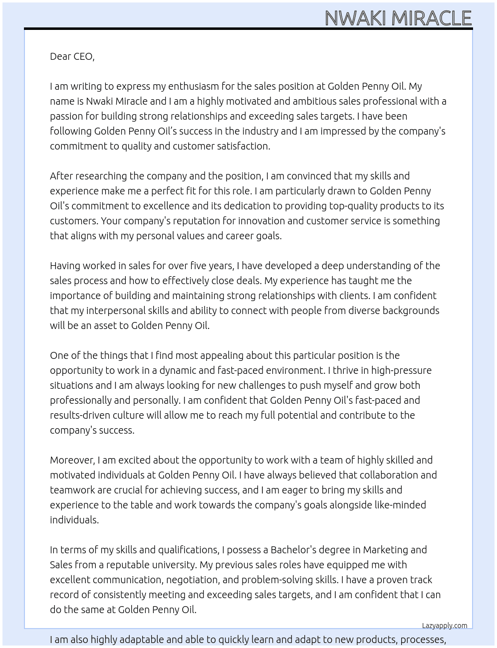 sales person At golden penny oil Cover Letter