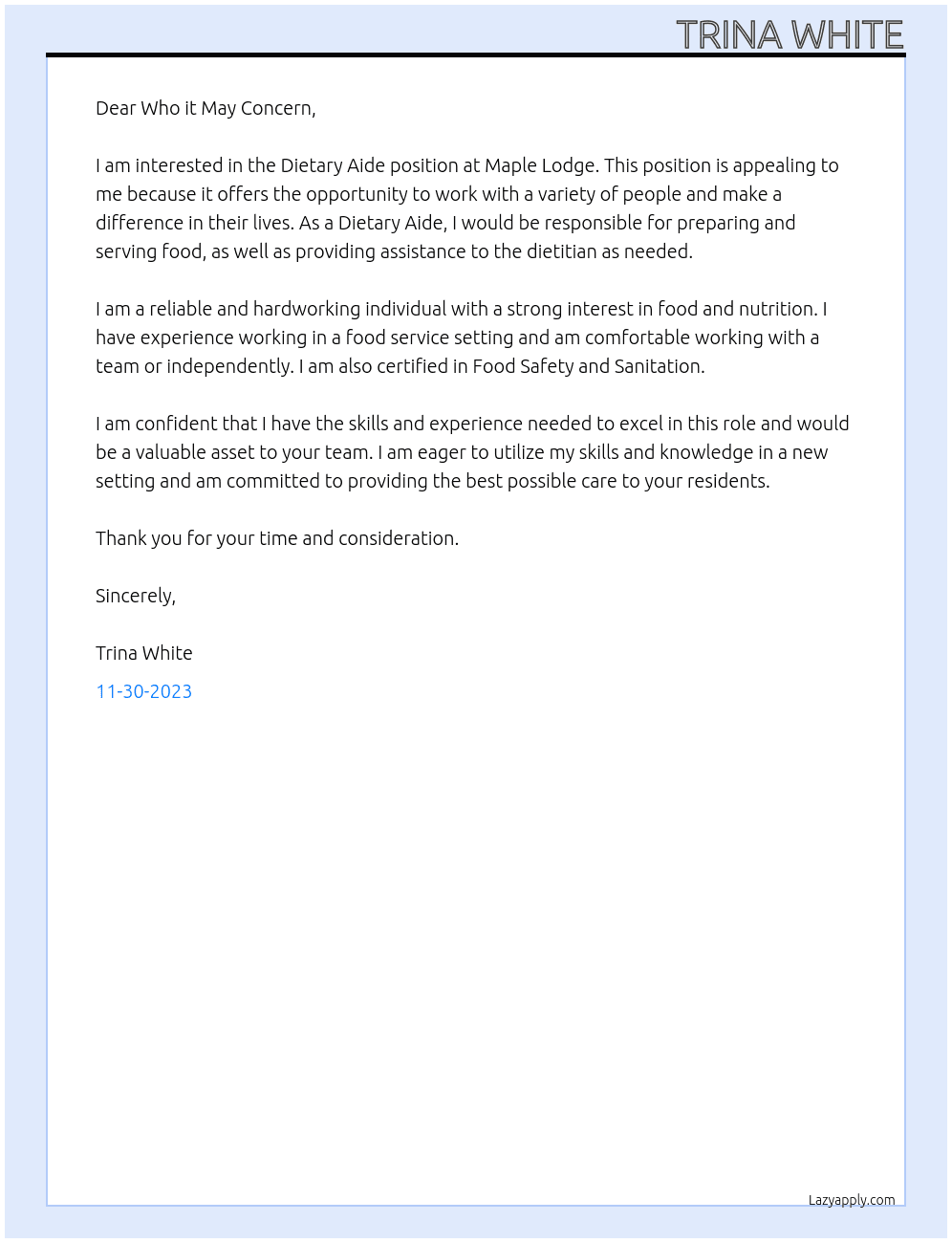 Dietary Aide At Maple Lodge  Cover Letter