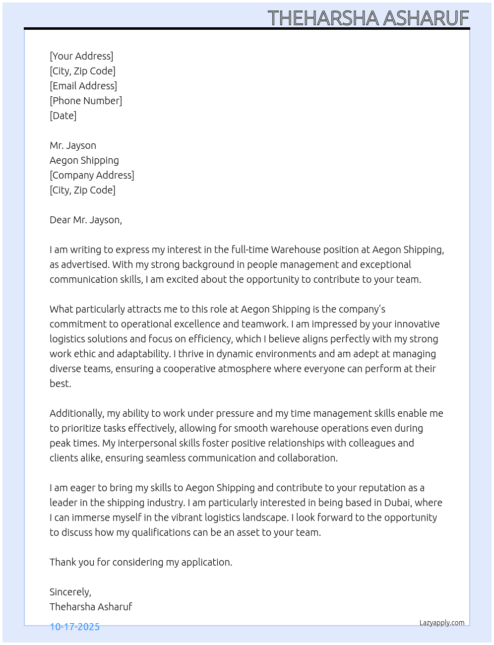 Warehouse  At Aegonshipping Cover Letter