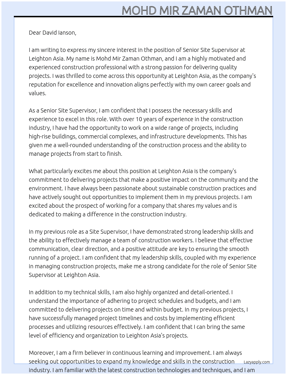 SENIOR SITE SUPERVISOR At LEIGHTON ASIA Cover Letter
