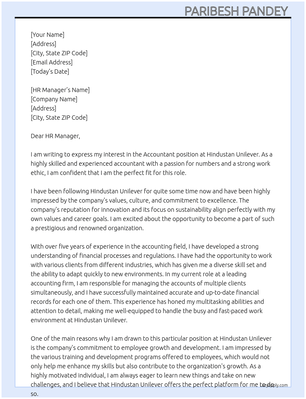 Accountant  At Hindustan Unilever  Cover Letter