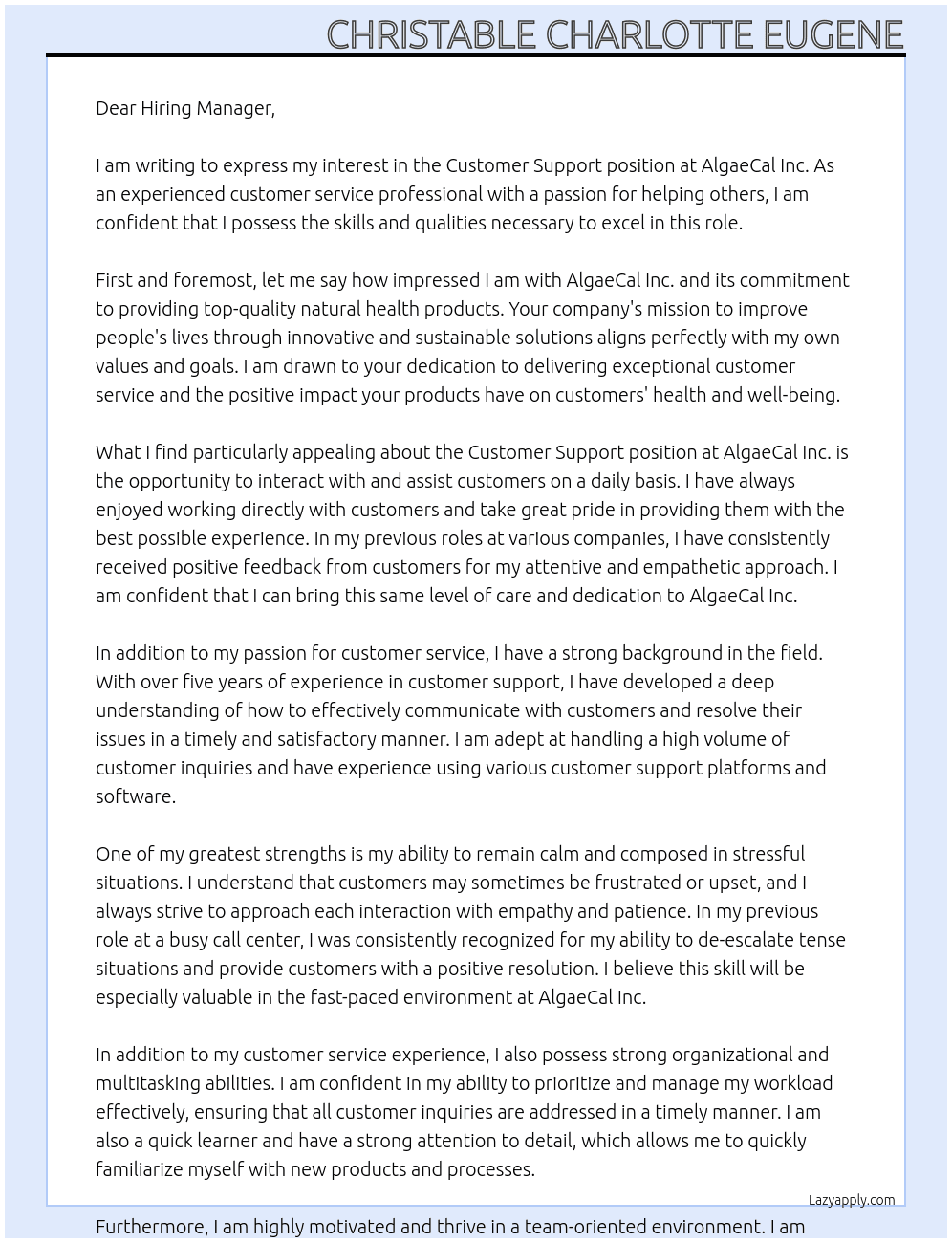 Customer support At AlgaeCal Inc. Cover Letter