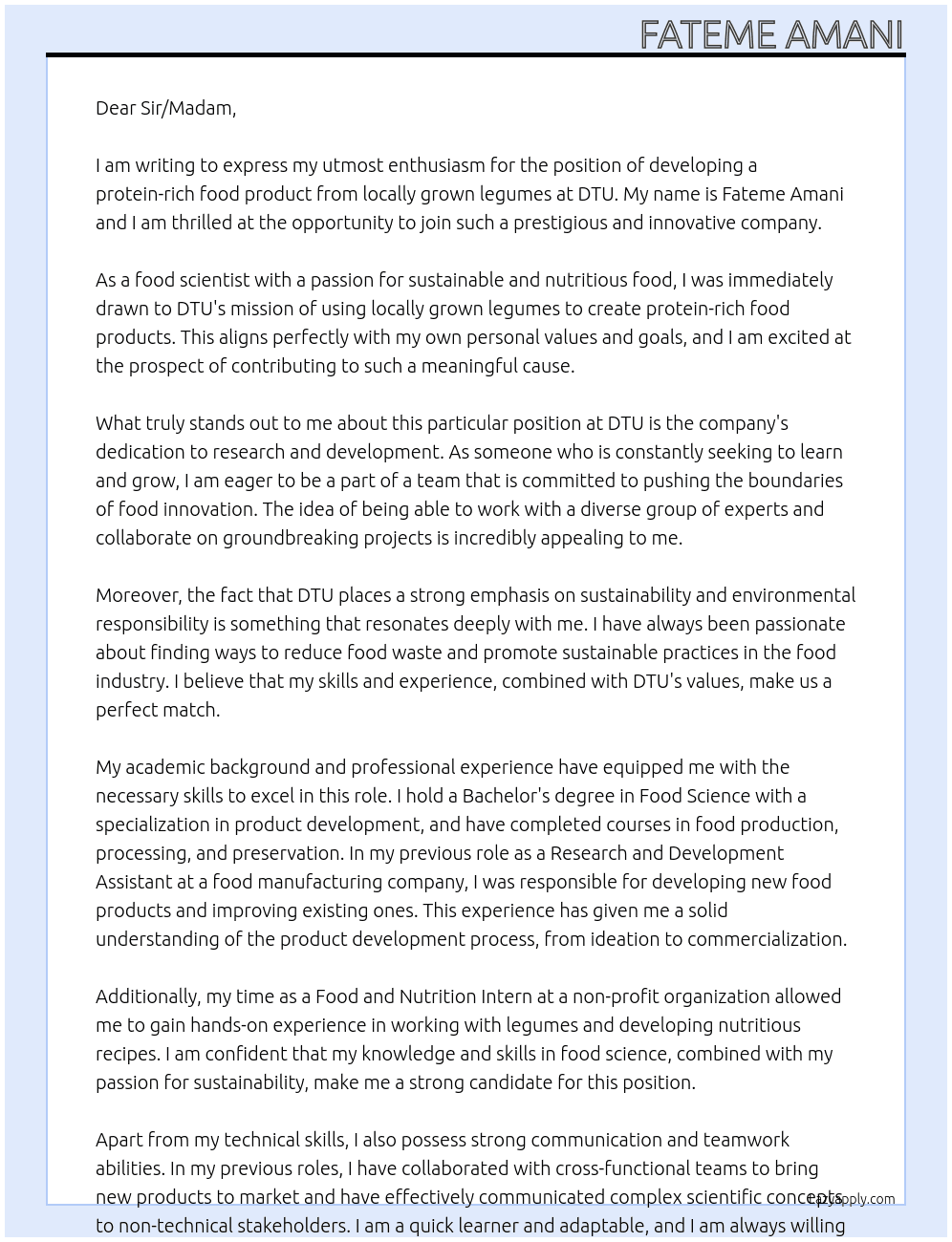 Cover letter for developing a protein-rich food product from locally grown legumes - LazyApply