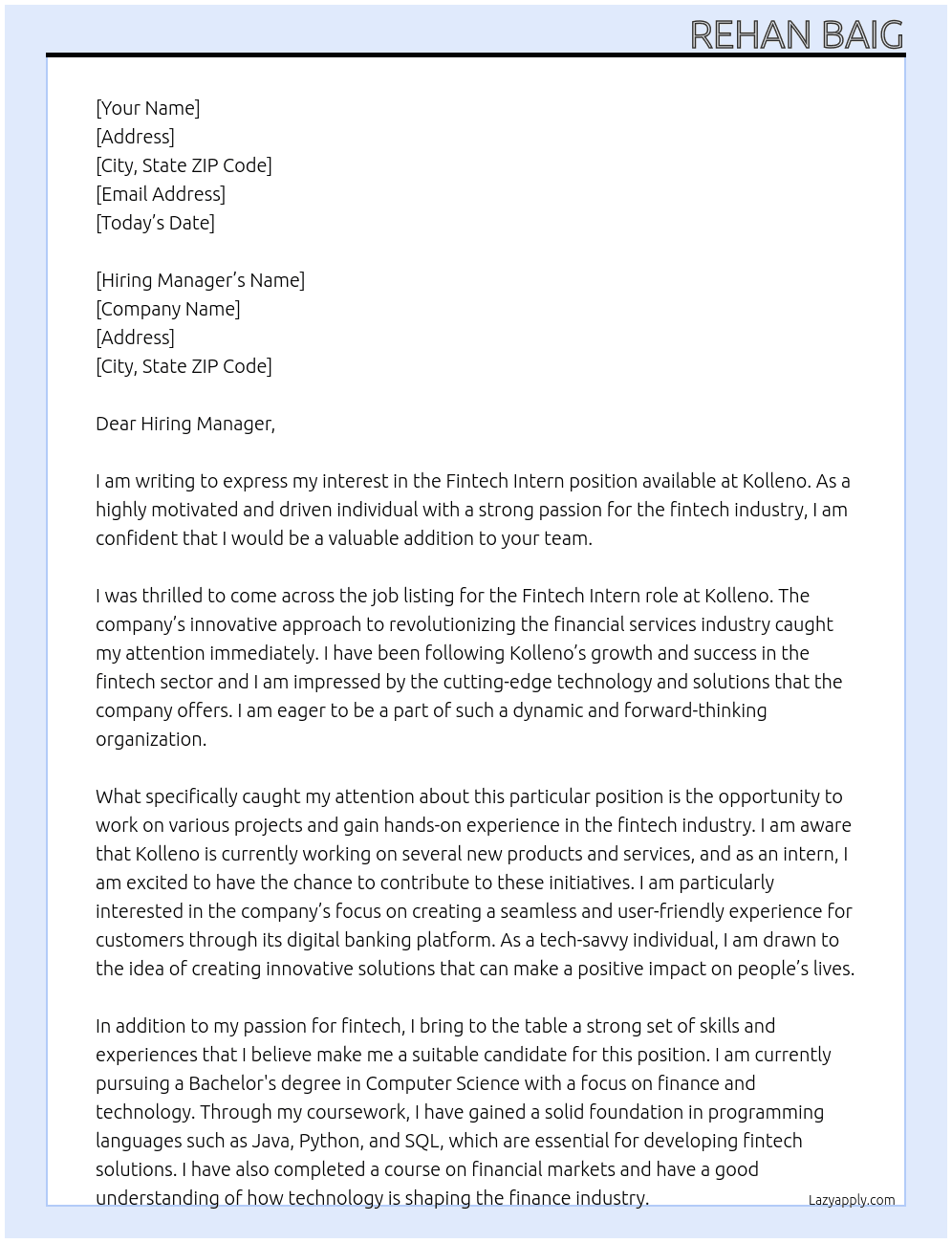 Fintech intern At Kolleno Cover Letter