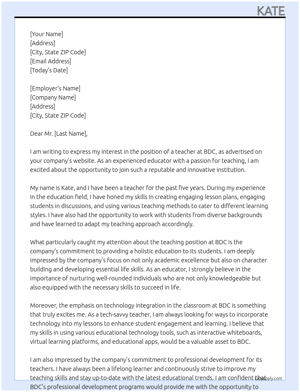 teacher At bdc Cover Letter