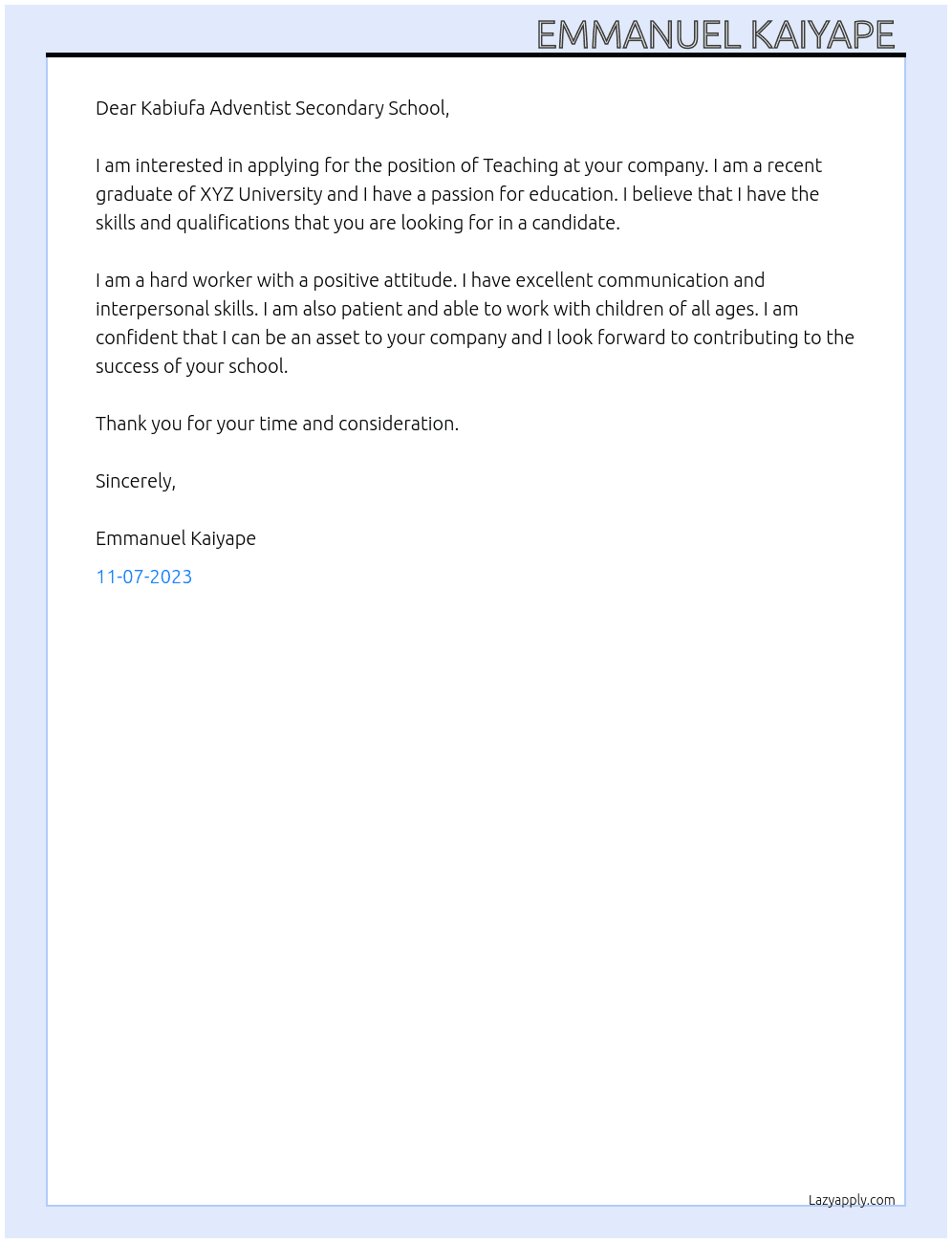 Teaching At Kabiufa Adventist Secondary School  Cover Letter