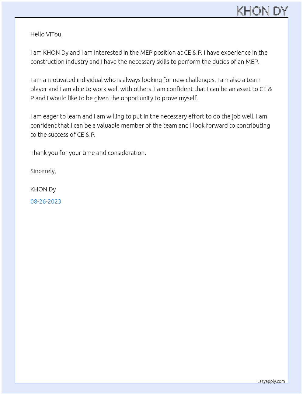MEP At CE & P Cover Letter