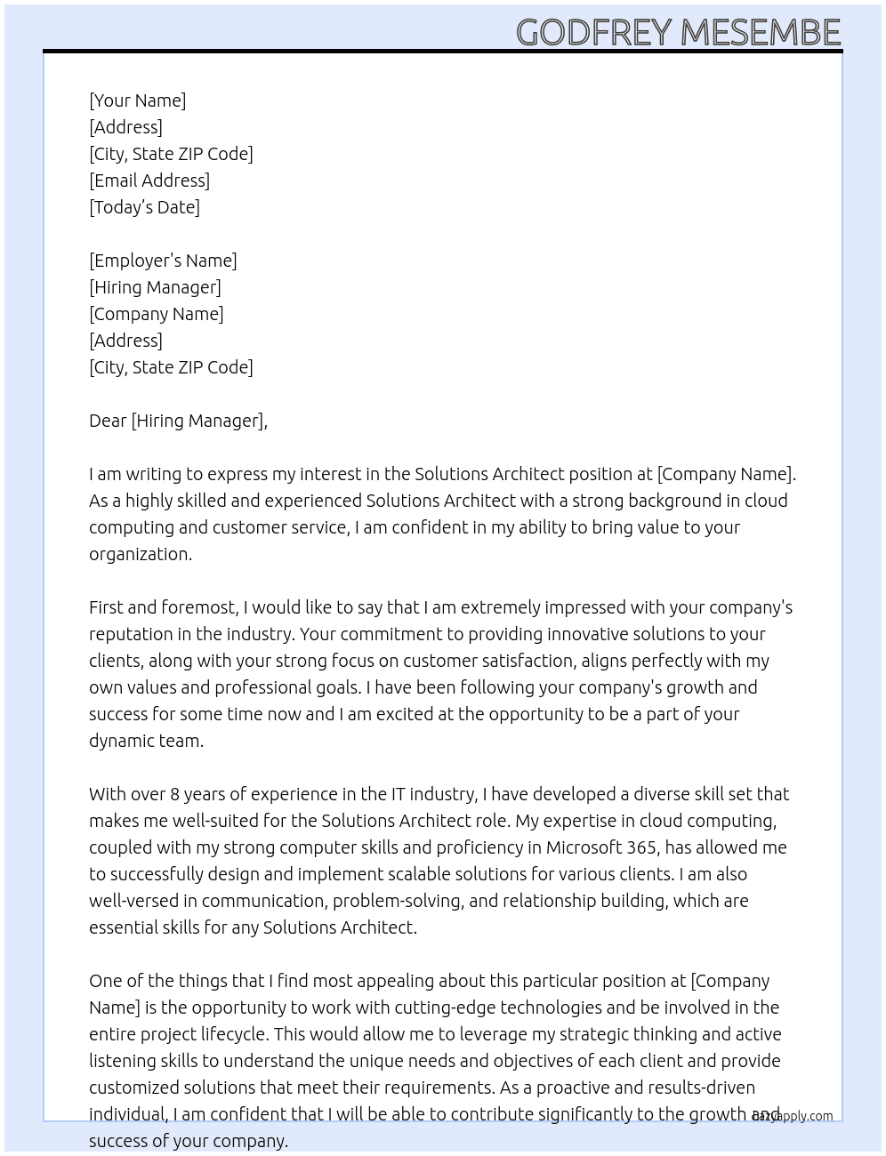 Solutions Architect At your company Cover Letter