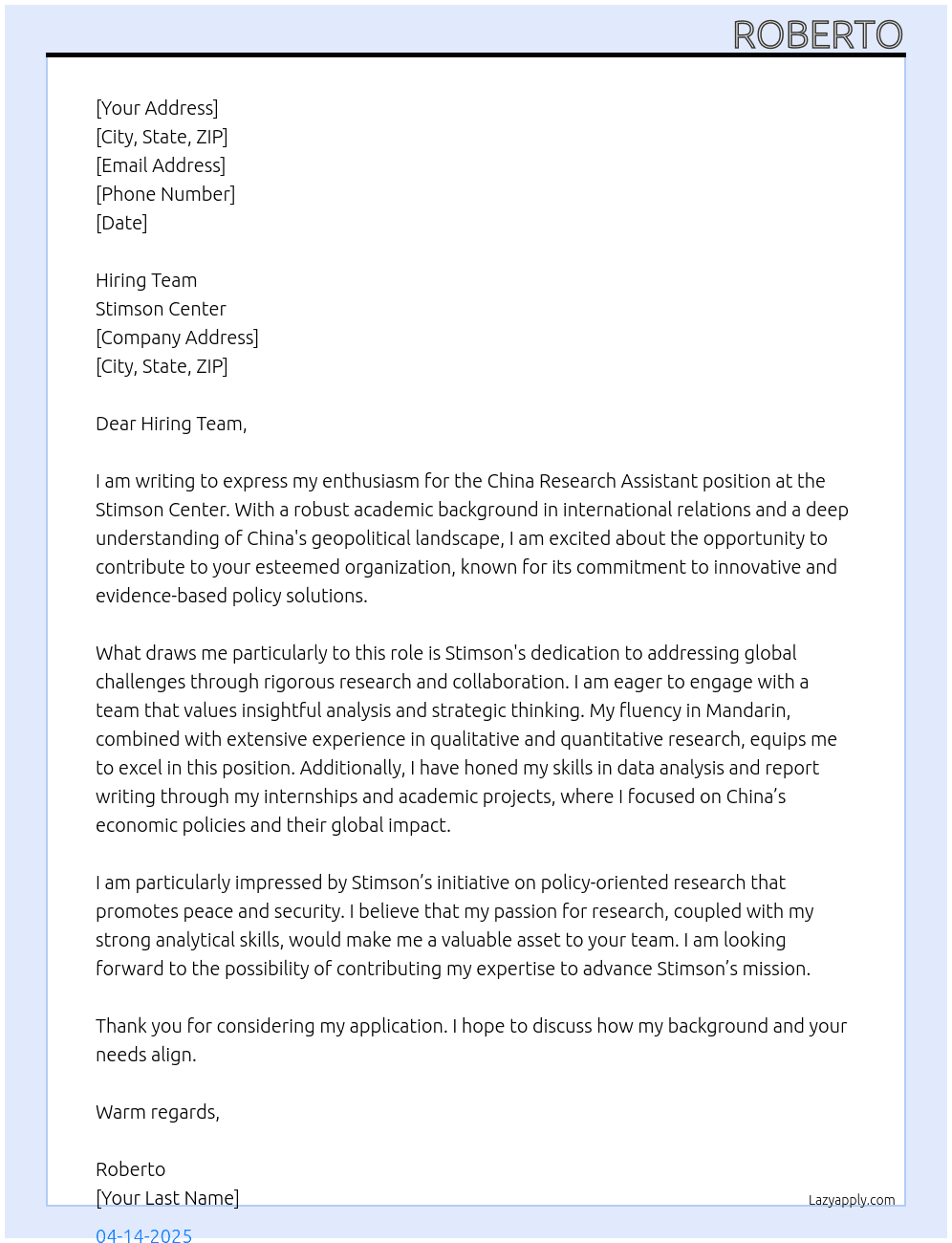 China Research Assistant At Stimson Center Cover Letter