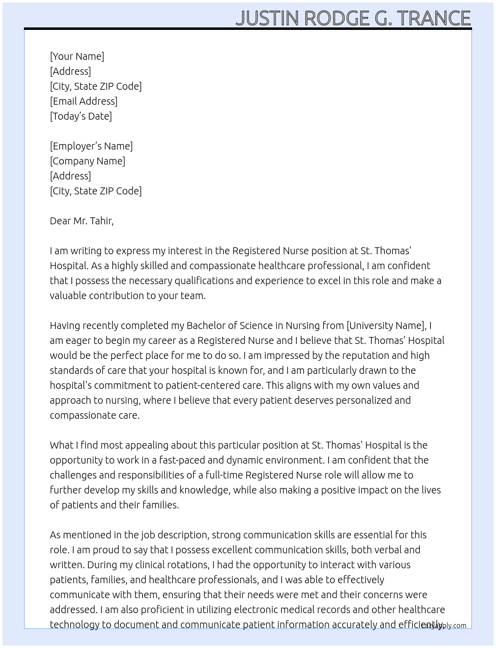 Registered Nurse  At St. Thomas' Hospital Cover Letter