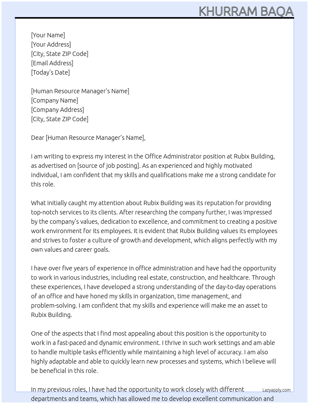 Office Administrator At Rubix Building Cover Letter