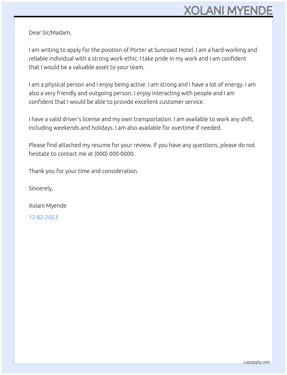 Porter  At Suncoast Hotel  Cover Letter