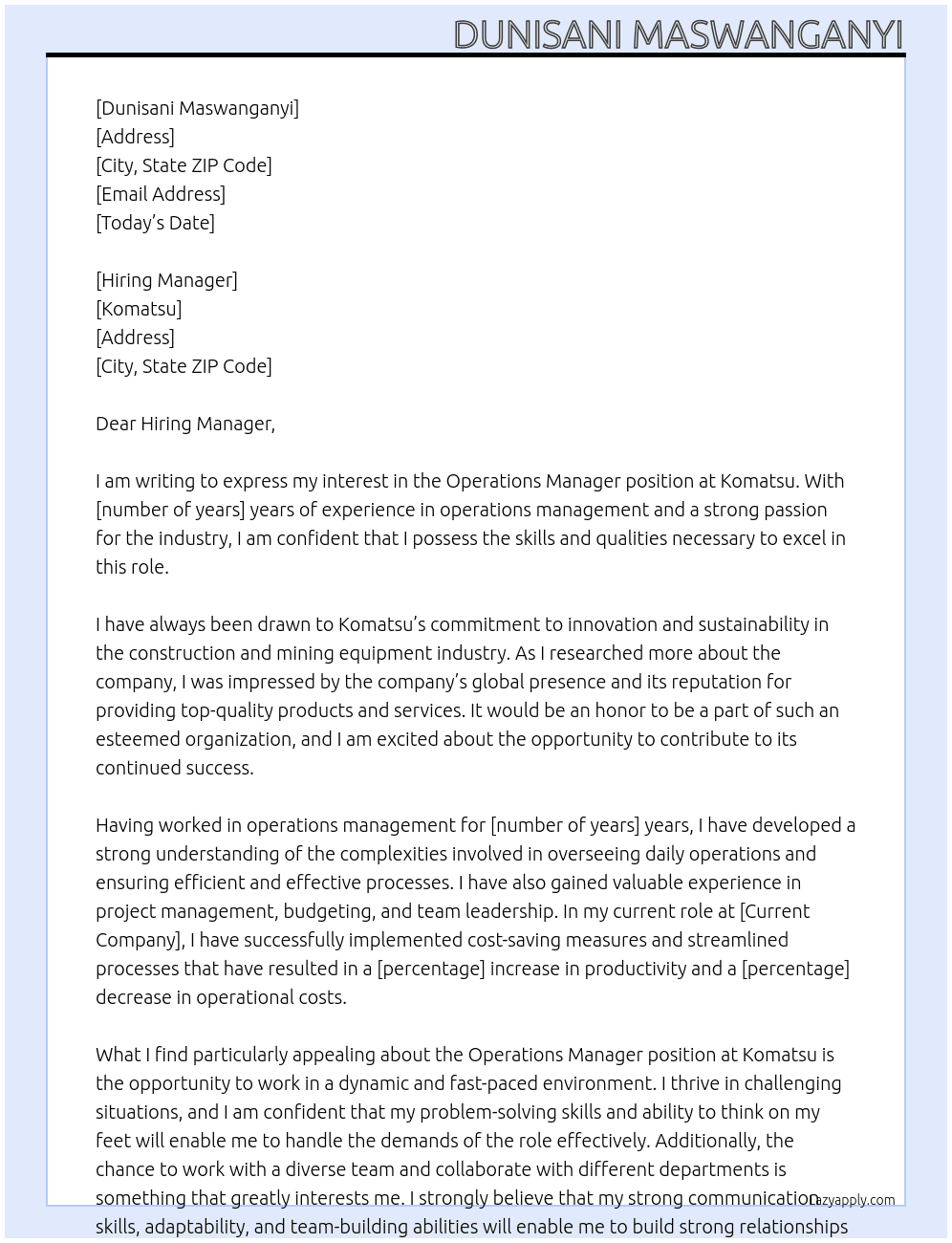 Operations Manager At Komatsu Cover Letter