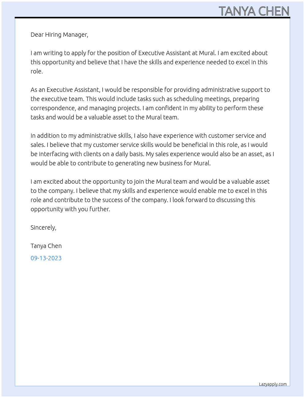 Executive Assistant  At Mural Cover Letter